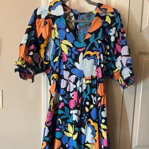Women's Colorful Floral Print Dress - Puff Sleeve Collared V-Neck - Medium